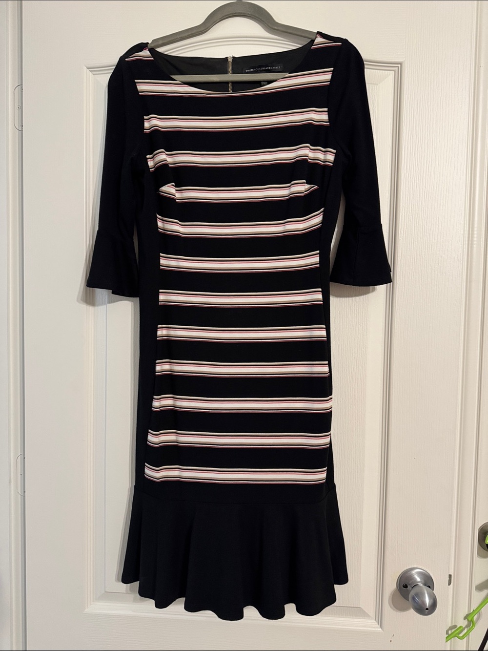 White House Black Market Black Striped Ponte Dress with Ruffled Hem